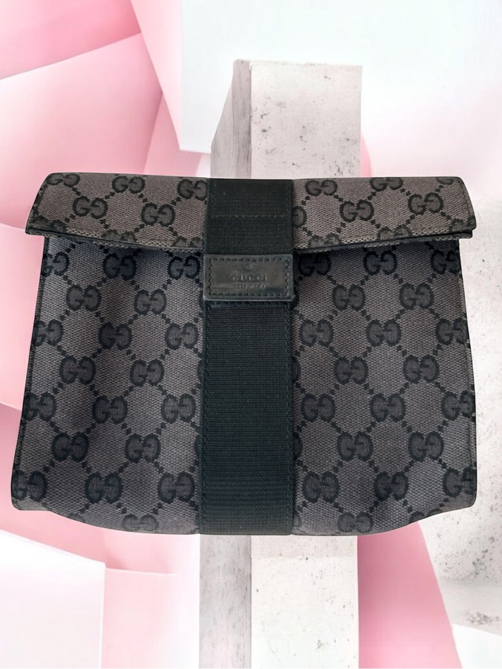 GUCCI 039 0092 001998 GG Canvas Pouch Clutch Bag Black Vintage Logo
